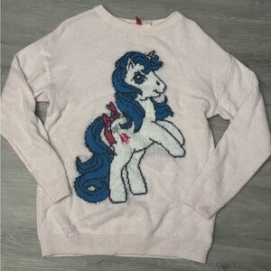 Pink Sweater with Blue Pony Design